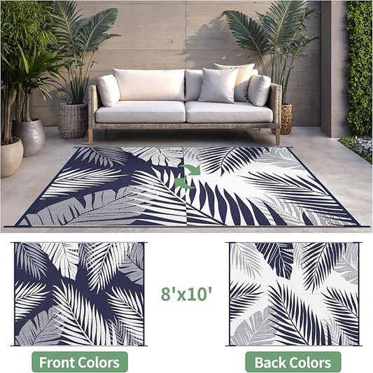 Outdoor Rug 8' x 10' for Patio Waterproof Clearance, Reversible Indoor Outdoor Plastic Straw Camping Rug Carpet, RV Mat, Large Area Rug for Deck, Backyard, Balcony, Porch, Navy Blue and White