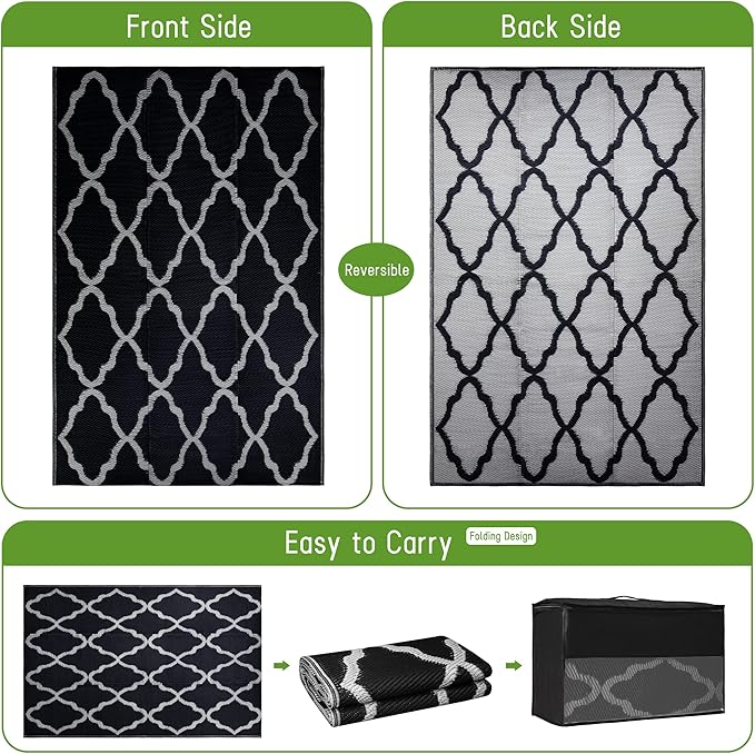 Easy-Going Reversible Outdoor Rugs 4x6ft Waterproof Plastic Straw Rug Stain & UV Resistant Floor Mat for Patio Porch RV Backyard Pool Deck Picnic Beach Trailer Camping (Moroccan Black & Light Grey)
