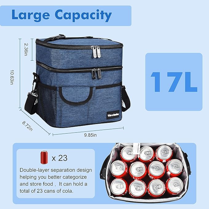 Tirrinia Large Insulated Lunch Box for Women Men, Double-Layer Leak-Proof Reusable Lunch Bag with 4 Pockets for Adult, Lunch Bag Cooler Tote for Office Work and Travel,Dark Blue