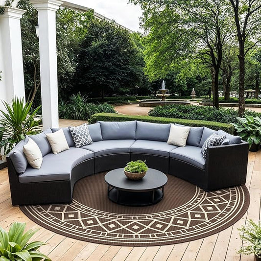 GENIMO Outdoor Rug Waterproof for Patio Decor, Round 10' Foldable Reversible Plastic Straw Carpet, Outside Area Mat for Rv, Deck, Picnic, Porch, Camper, Balcony, Beach, Coffee & Brown