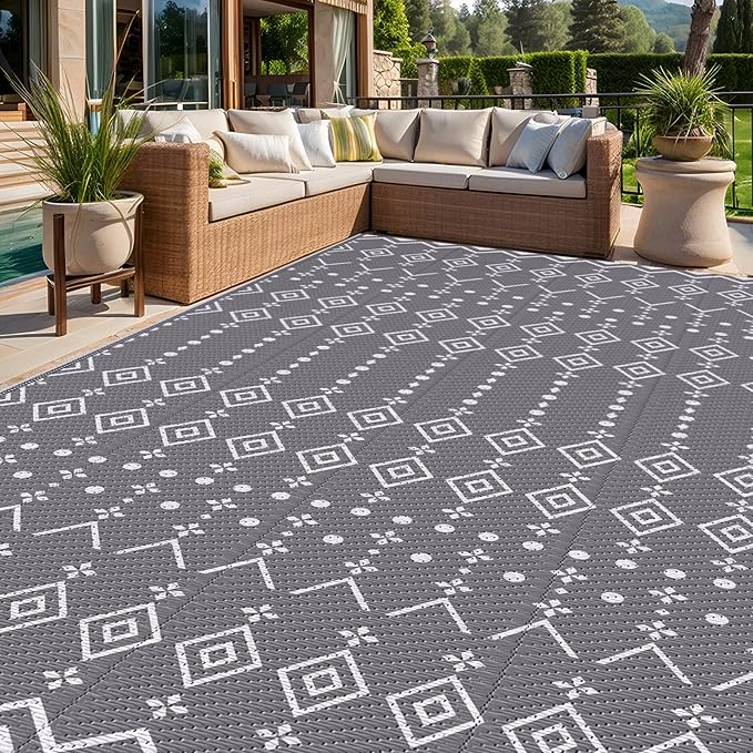 StepRite 8’ x 10’ Reversible Outdoor Rug, Waterproof Plastic Straw Rug, Patio Rug, Large Modern Area Rug Carpet, Indoor Outdoor Rugs for Camping, Porch, Deck, Balcony, Backyard, RV, Picnic(Grey)