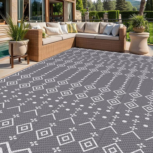 StepRite 8’ x 10’ Reversible Outdoor Rug, Waterproof Plastic Straw Rug, Patio Rug, Large Modern Area Rug Carpet, Indoor Outdoor Rugs for Camping, Porch, Deck, Balcony, Backyard, RV, Picnic(Grey)