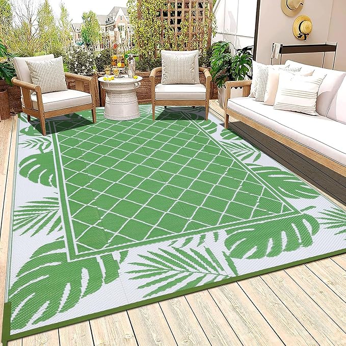 Ileading Outdoor Rug Carpet for Patio 5' x7' Waterproof Reversible Plastic Straw Rug Portable Outside Area Rug Camping Mat for Patio, Clearance, Balcony, Picnic, Pool, Beach, RV, Deck, Leaf Green