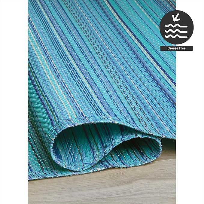FH Home Outdoor Camping Rug - Waterproof, Fade Resistant, Reversible - Premium Recycled Plastic - Striped - Large Patio, Deck, Sunroom, RV - Havana - Turquoise - 9 x 12 ft Foldable