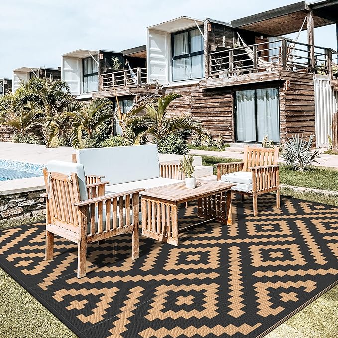 GENIMO Outdoor Rug Waterproof, 10' x 10' Reversible Plastic Straw Rugs, Lightweight Large RV Camping Mat for Patio, Deck, Camper, Balcony, Backyard, Picnic, Black & Brown