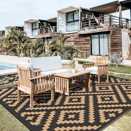 GENIMO Outdoor Rug Waterproof, 10' x 10' Reversible Plastic Straw Rugs, Lightweight Large RV Camping Mat for Patio, Deck, Camper, Balcony, Backyard, Picnic, Black & Brown