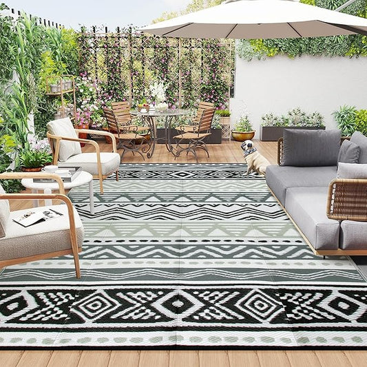 Lahome Outdoor Plastic Straw Rug, Reversible Outdoor Rug Waterproof 9x12 Rugs for Patio, RV Camping Rug Picnic Mat Outside Large Carpet for Beach Deck Backyard Balcony(Grey/Black,9'x 12')
