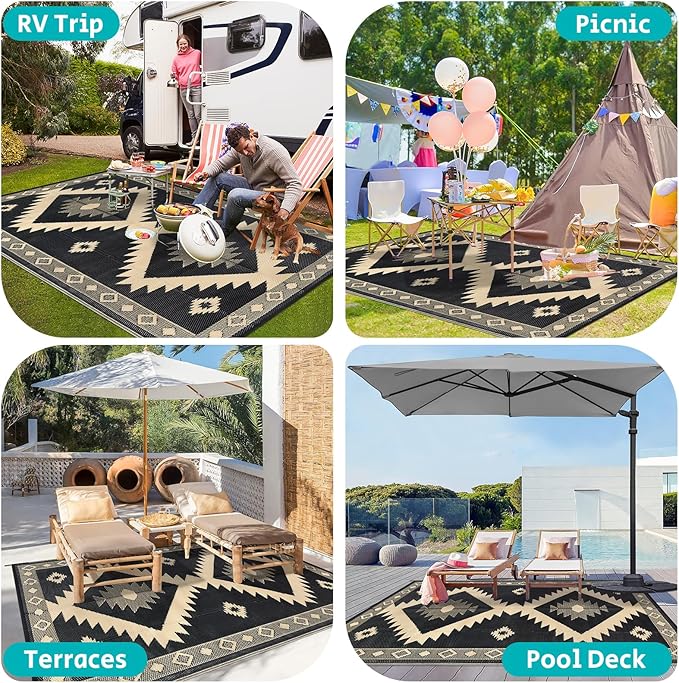 HEBE Outdoor Rug 9'x12' for Patios Clearance Waterproof Patio Mat Plastic Straw Rug Reversible RV Camping Tent Rug Outside Indoor Outdoor Area Rugs for RV,Deck,Beach,Balcony,Camper