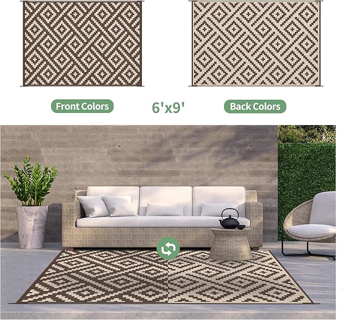 GENIMO Outdoor Rug for Patio Clearance, 6'x9' Waterproof Camping Mat, Reversible Plastic Straw Rugs for RV, Camper, Balcony, Backyard, Picnic, Deck (Coffee & Beige)