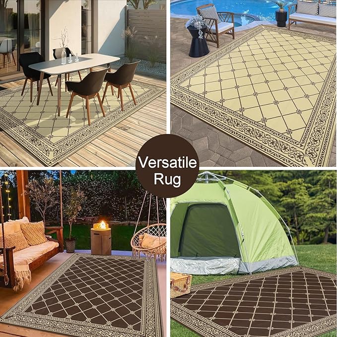 HiiARug Reversible Patio Floor Mat 5x8 Plastic Straw RV Camping Rug Reversible Large Mats for Outdoor, Patio, Backyard, Deck, Picnic, Beach, Trailer, Camping (Brown)