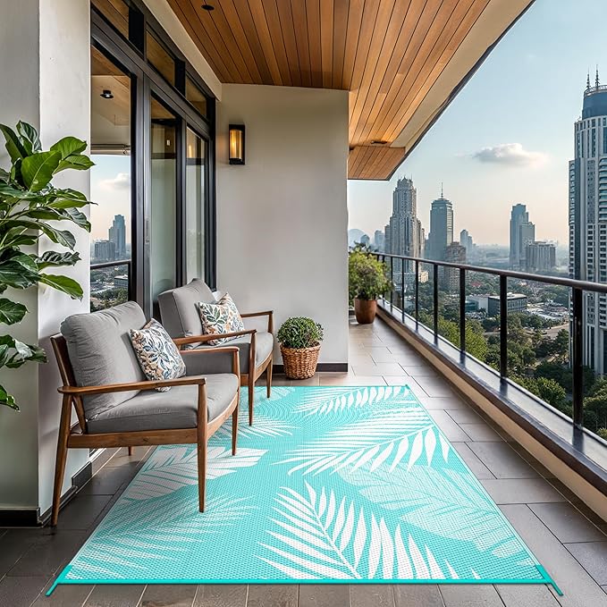 GENIMO Outdoor Rug 5' x 8' Waterproof for Patios Clearance, Reversible Outdoor Plastic Straw Camping Rug Carpet, Large Area Rugs Mats for RV, Picnic, Backyard, Deck, Balcony, Porch, Aqua Blue&White