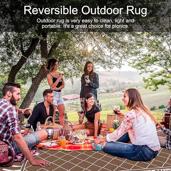Ileading Outdoor Rug Carpet for Patio 8'x10' Waterproof Reversible Plastic Straw Rug Portable Outside Area Rug Camping Mat for Patio, Clearance, Balcony, Picnic, Pool, Beach, RV, Deck, Brown
