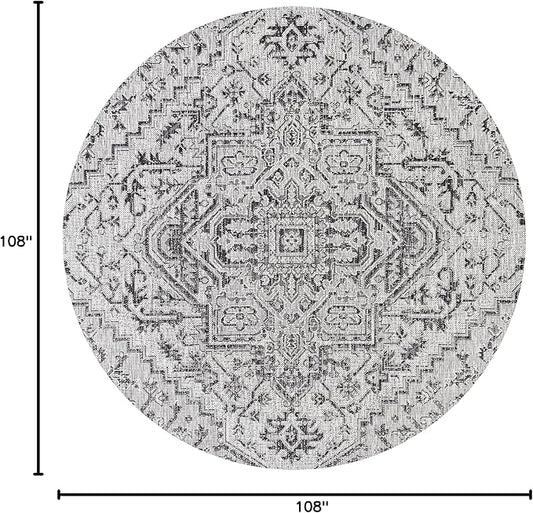 JONATHAN Y SMB105D-9R Estrella Bohemian Medallion Textured Weave Black/Gray 9' Round Indoor/Outdoor Area Rug, Pet Friendly, Non-Shedding, Stain Resistant, Easy-Cleaning for Backyard, Patio, Porch
