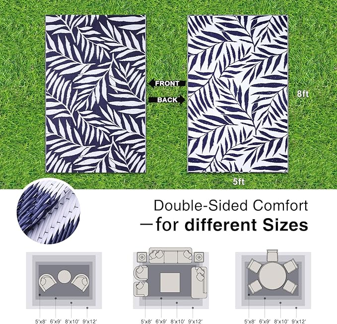 OLANLY Waterproof Outdoor Rug 5x8 ft, Reversible Outdoor Plastic Straw Rug with Leaf Pattern, RV Mat, Indoor Outdoor Carpet for Patio, Camping, Balcony, Deck, Backyard, Navy & White