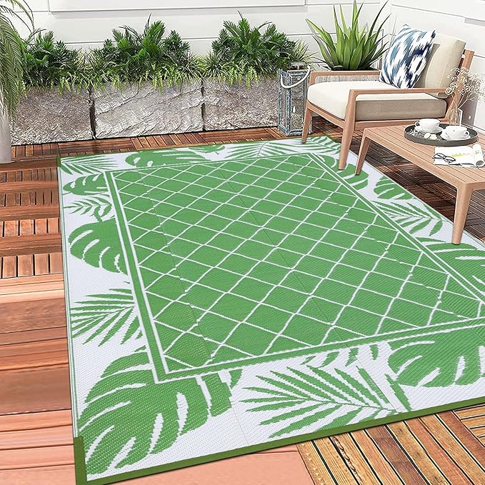 Ileading Outdoor Rug Carpet for Patio 5' x7' Waterproof Reversible Plastic Straw Rug Portable Outside Area Rug Camping Mat for Patio, Clearance, Balcony, Picnic, Pool, Beach, RV, Deck, Leaf Green