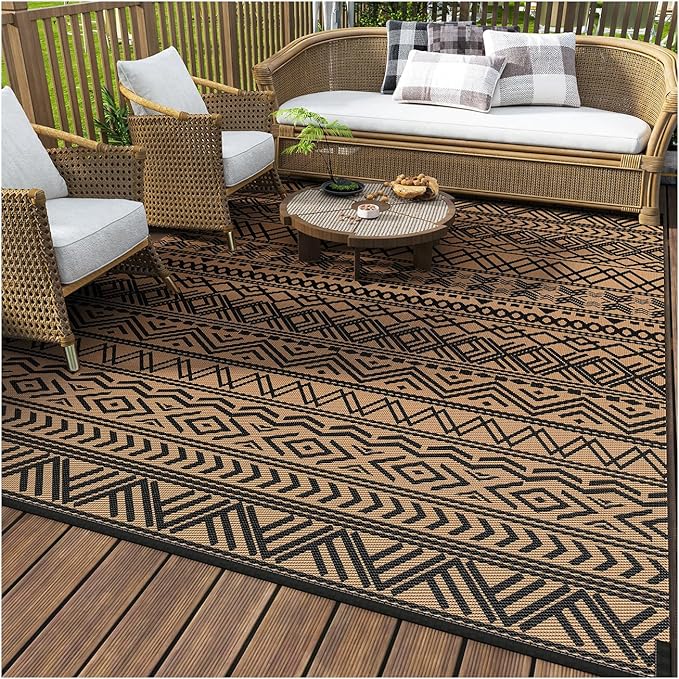 MontVoo Outdoor Rug Carpet Waterproof 6x9 Outdoor Patio Rug Mat Reverisble Plastic Straw Outdoor Rug for RV Camping Picnic Beach Balcony Boho Black Brown