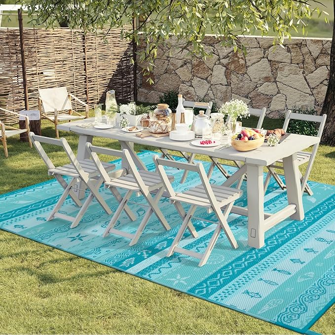 Lahome Outdoor Plastic Straw Rug, Reversible Outdoor Rug Waterproof 9x12 Rugs for Patio, RV Camping Rug Picnic Mat Outside Large Carpet for Beach Deck Backyard Balcony(Blue/Multi,9'x 12')