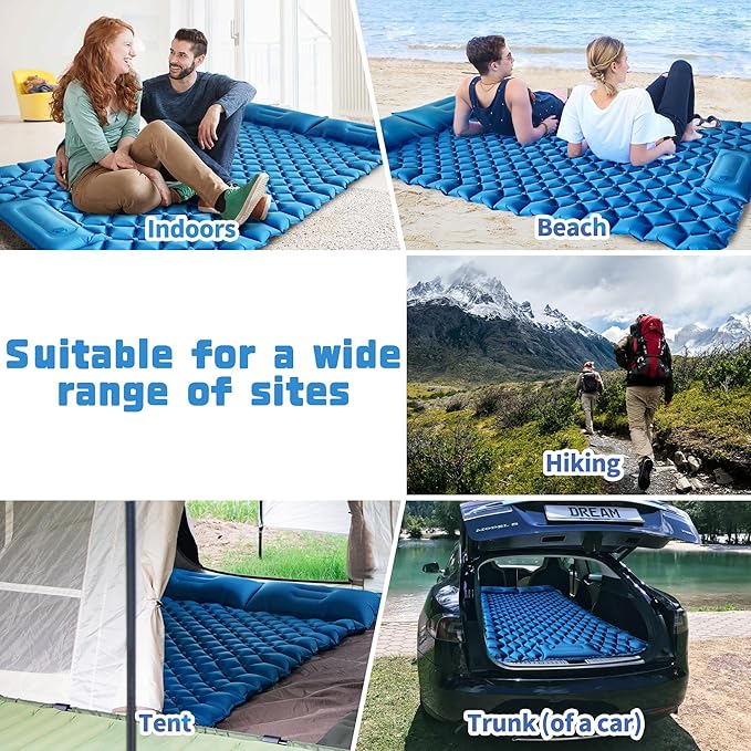 Double Sleeping Pad for Camping, 2 Person Ultralight Inflatable Sleeping Mat with Pillow and Built-in Foot Pump, Portable Camping Mattress for Tent, Backpacking, Hiking, Traveling（Blue