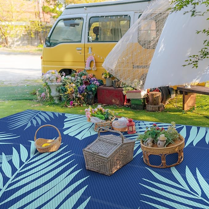 GENIMO Outdoor Rug 10' x 14' Waterproof for Patios Clearance, Reversible Outdoor Plastic Straw Camping Rug Carpet, Large Area Rugs Mats for RV, Camper, Deck, Balcony, Porch, Beach, Royalblue&Bluegreen