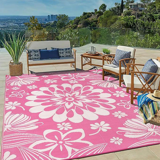 Ileading Outdoor Plastic Straw Rug 8x10ft Funny Floral Style Reversible Patio Area Rugs Waterproof Non Shedding Portable Carpets for Rv Outside Deck Pool Beach Picnic Camping (Pink)