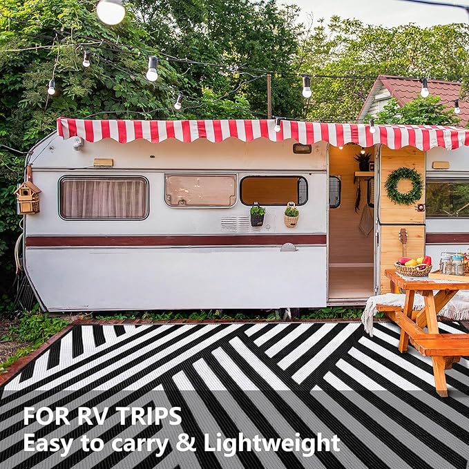 Outdoor Patio Plastic Straw Rug - 8'x10' Outdoor Camping Rug Waterproof Reversible, Area Carpet Patios Clearance RV, Outside Porch Balcony Deck for Camper, White & Black