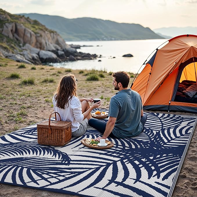 GENIMO Outdoor Rug 8' x 10' Waterproof for Patio Clearance, Reversible Plastic Straw Camping Carpet, Lightweight Mats for Rv, Backyard, Deck, Porch, Picnic, Beach, Balcony, Blue & White