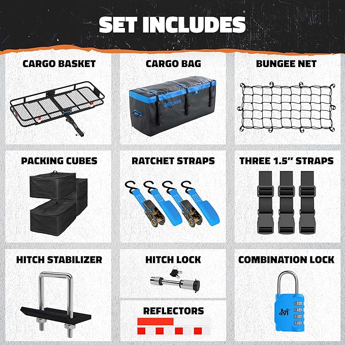 Mockins 60"x20"x6" Trailer Hitch Cargo Carrier w/16 CuFt Soft Vinyl Waterproof Cargo Bag & 4 Packing Cubes | 500 Lbs. Capacity Folding Luggage Rack for SUV/Car & Waterproof Truck Bed Storage Bag Set