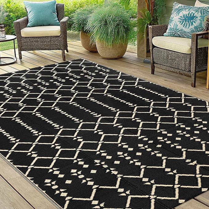 Smiry Outdoor Rug 5x8 ft, Waterproof Reversible Plastic Straw Rugs, Boho Outdoor Area Rug, Outside Floor Mat for Patio, Backyard, Deck, Picnic, Beach, Camping, Beige
