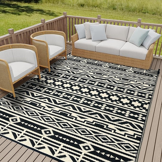 Outdoor Plastic Straw Rug, Waterproof Outdoor Rugs for Patios Clearance, Reversible Area Rug, Large Outside Carpet for Camping, Balcony, RV, Deck, Picnic, Beach 6x9ft Geometric Boho Black&Brown