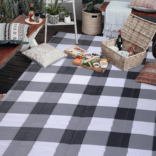 RURALITY Outdoor Rugs 8x10 Waterproof for Patios Clearance,Plastic Straw Mats for Backyard,Porch,Deck,Balcony,Reversible,Black&White&Grey