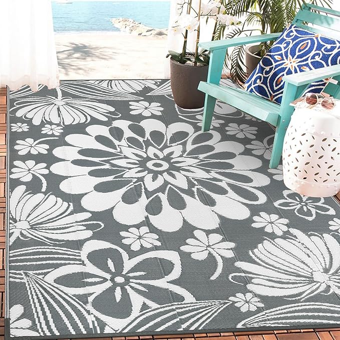 Ileading Outdoor Plastic Straw Rug 5x8ft Funny Floral Style Reversible Patio Area Rugs Waterproof Non Shedding Portable Carpets for Rv Outside Deck Pool Beach Picnic Camping (Grey)