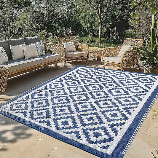 Outdoor Rug 8x10 Patio Waterproof, Plastic Straw Outdoor Carpet - UV Resistant Reversible Indoor Outdoor Rugs for Porch, Camping, Poolside, RV, Balcony, Easy to Clean, Blue and White