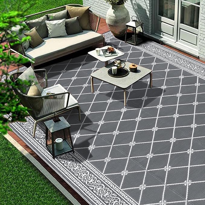 HiiARug Outdoor Rug 9'x18' for Patios Clearance, Reversible Outdoor Plastic Straw Waterproof Camping Carpet, Large Area Rugs Patio Mats for Outside RV, Camper, Deck, Porch, Beach, Picnic, Grey&White