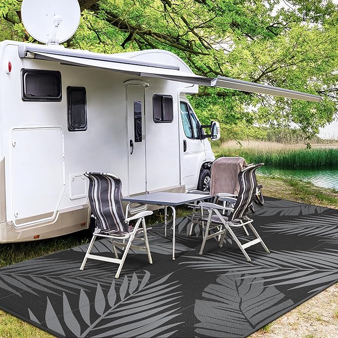 GENIMO Outdoor Rug 9' x 18' Waterproof for Patios Clearance, Reversible Outdoor Plastic Straw Camping Rug Carpet, Large Area Rugs Mats for RV, Camper, Deck, Balcony, Porch, Beach, Picnic, Black&Grey