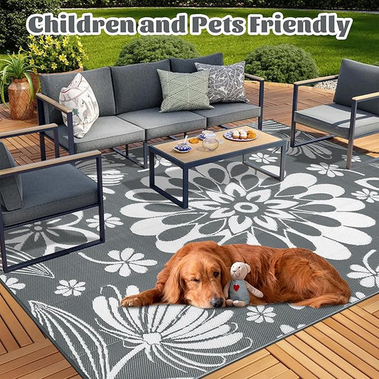 Ileading Outdoor Plastic Straw Rug 9x12ft Funny Floral Style Reversible Patio Area Rugs Waterproof Non Shedding Portable Carpets for Rv Outside Deck Pool Beach Picnic Camping (Grey)