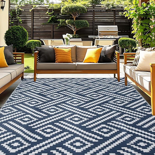 OPPODREAM Outdoor Rug 8x10 Patio Waterproof, Large Outdoor Plastic Straw Rug, Reversible Out Door Carpet for Camping, Deck, Rv, 8 x 10 Area Carpet for Balcony, Porch, Backyard, White and Navy Blue