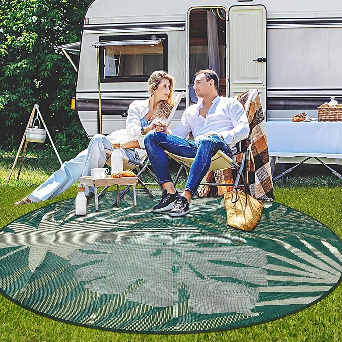 Homcomoda Round Outdoor Rugs 8Ft Waterproof Reversible Patio Rugs Outdoor Clearance Lightweight Outdoor Rugs Portable RV Camping Mats for Tents Deck Porch BBQ Beach Backyard