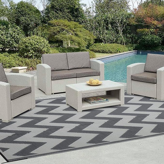 Easy-Going Reversible Outdoor Rugs 9x12ft Waterproof Plastic Straw Rug Stain & UV Resistant Floor Mat for Patio Porch RV Backyard Pool Deck Picnic Beach Trailer Camping (Waved Grey & Light Grey)