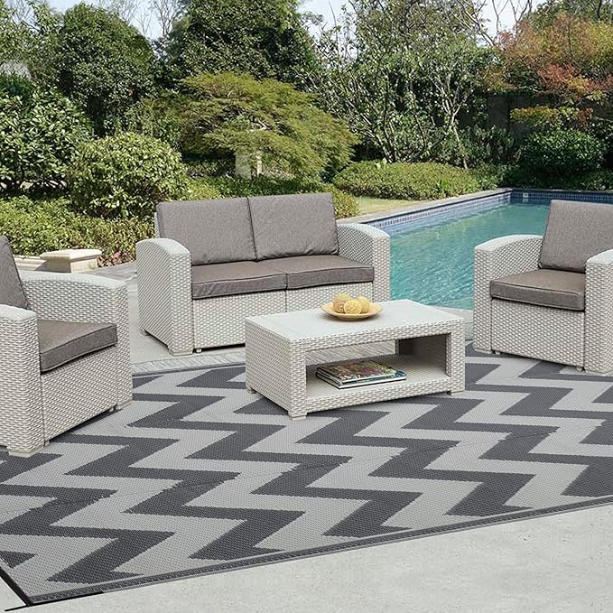 Easy-Going Reversible Outdoor Rugs 5x8ft Waterproof Plastic Straw Rug Stain & UV Resistant Floor Mat for Patio Porch RV Backyard Pool Deck Picnic Beach Trailer Camping (Waved Grey & Light Grey)