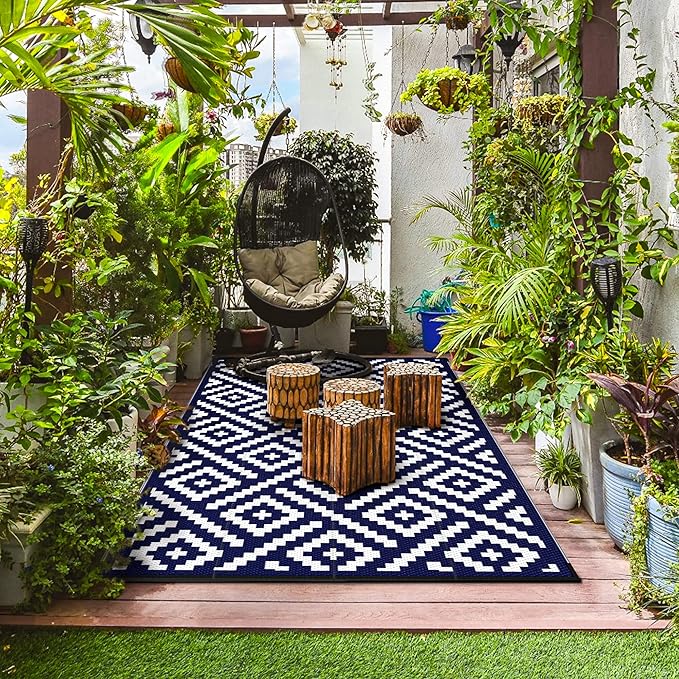 GENIMO Outdoor Rug for Patio Clearance,6'x9' Waterproof Mat,Reversible Plastic Camping Rugs,Rv,Deck,Porch,Camper,Balcony,Backyard (Navy Blue & White)