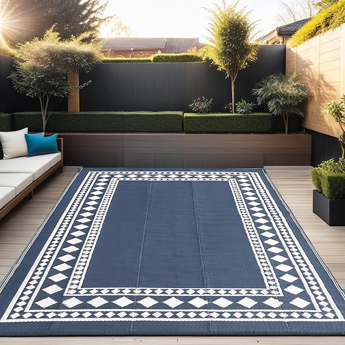 RURALITY Outdoor Rugs 6x9 Waterproof for Patios Clearance,Plastic Straw Mats for Backyard,Porch,Deck,Balcony,Black and Beige