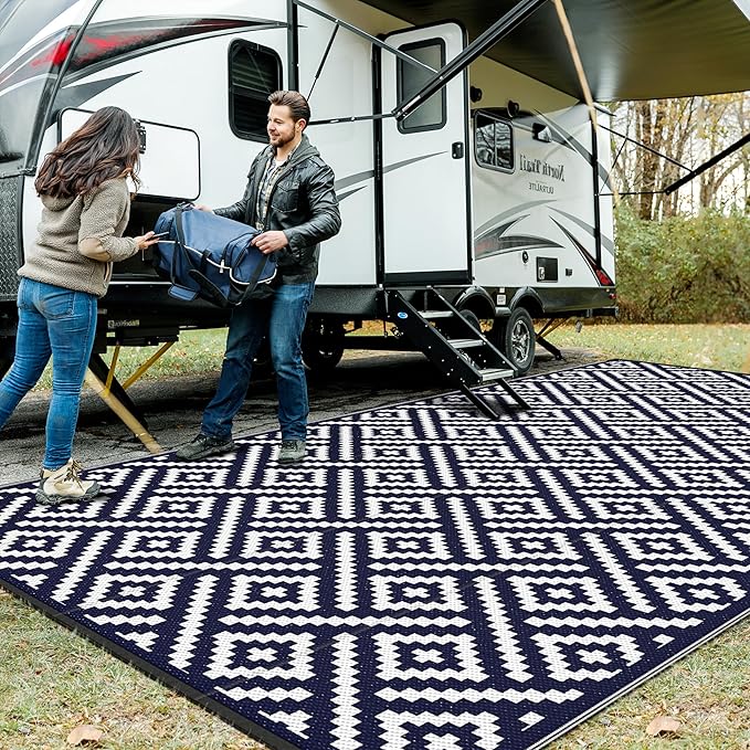 GENIMO Outdoor Rug for Patio Clearance, 9'x18' Waterproof Camping Mat, Reversible Plastic Straw Rugs for RV, Camper, Balcony, Backyard, Picnic, Deck (Navy Blue & White)