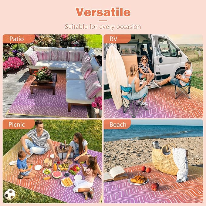 Lahome Colorful Outdoor Plastic Straw Rug, Reversible Outdoor Area Rug Waterproof 6x9 Patio Rugs, Camping Rugs for RV Backyard Deck Porch Picnic Beach Trailer (Orange/Purple, 6' x 9')