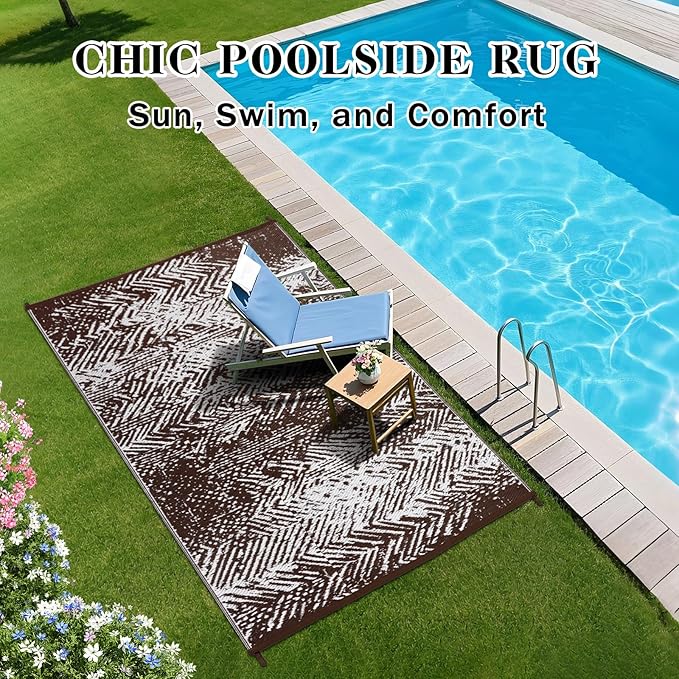 Outdoor Patio Rugs 4x6, Waterproof Reversible Outdoor Plastic Straw Rug Brown, RV Camping Mats UV-Resistant Outside Carpet Portable Area Mat for Garden Balcony Deck Picnic Beach Porch