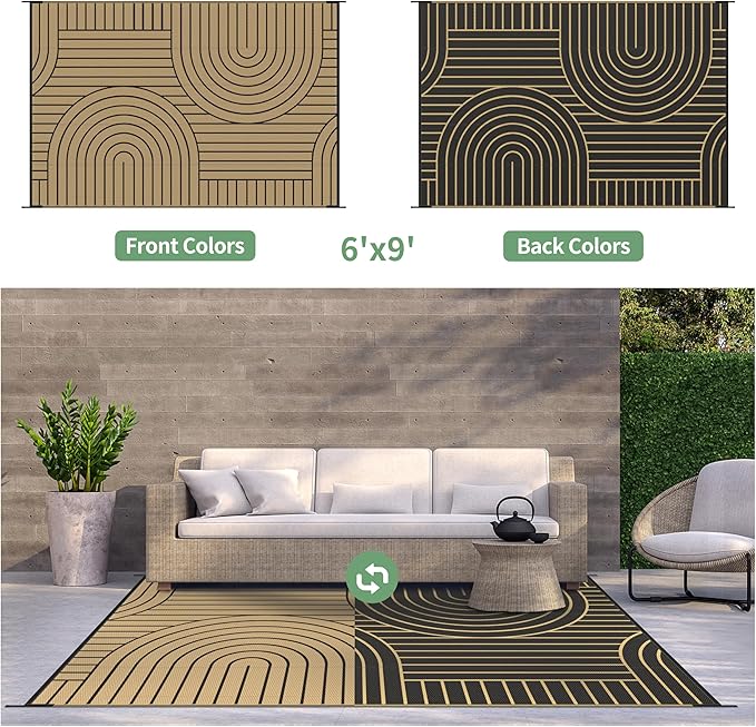 GENIMO Outdoor Rug 6'x9' Patio Waterproof, Lightweight Outdoor Plastic Straw Rug Clearance, Reversible Camping Mat Outdoor Carpet for RV, Picnic, Backyard, Deck, Balcony, Porch, Black & Brown