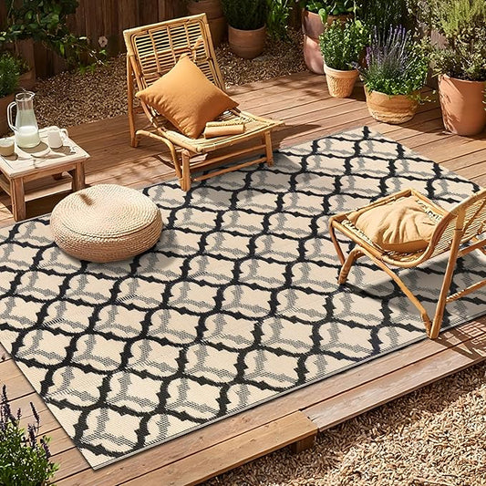 OLANLY Reversible Outdoor Rug 5x8 ft Clearance, Waterproof Outdoor Plastic Straw Rug with Interlacing Pattern, RV Mat for Patio, Camping, Balcony, Deck, Backyard, Black & Beige