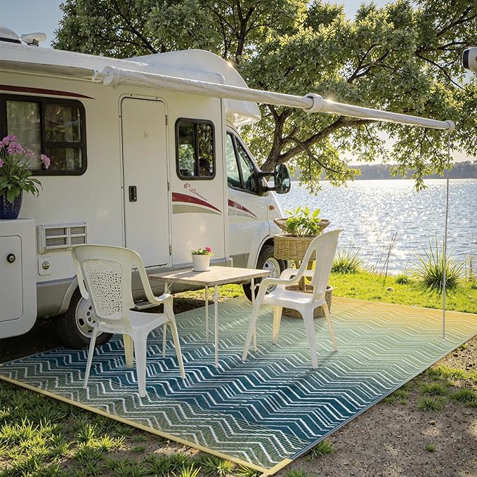 Lahome Outdoor Rugs 8x10 Waterproof, Reversible Plastic Outdoor Area Rug for Patios, Outside RV Mat Carpet for Deck Porch Backyard Balcony Picnic Trailer (Yellow/Blue, 8' x 10')