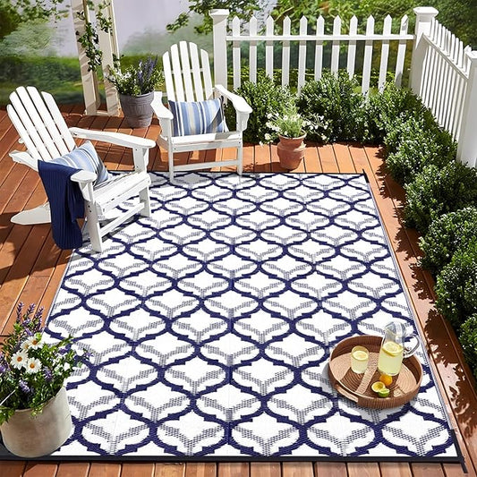 OLANLY Reversible Outdoor Rug 8x10 ft Clearance, Waterproof Outdoor Plastic Straw Rug with Interlacing Pattern, RV Mat for Patio, Camping, Balcony, Deck, Backyard, Navy & White