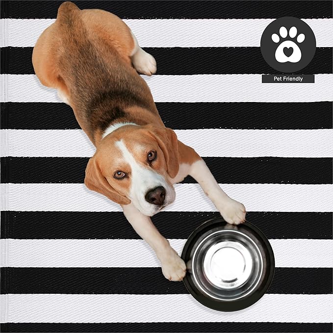 FH Home Outdoor Rug - Waterproof, Fade Resistant, Reversible - Premium Recycled Plastic - Striped - Large Patio, Deck, Sunroom, Camping, RV - Brittany Stripe - Black & White Crease Free - 6 x 9 ft