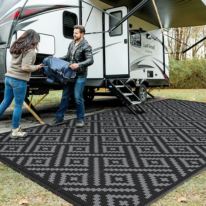 GENIMO Outdoor Rug Waterproof, 10' x 20' Reversible Plastic Straw Rug, Lightweight Large RV Camping Mat for Patio, Deck, Camper, Balcony, Backyard, Picnic, Black & Gray